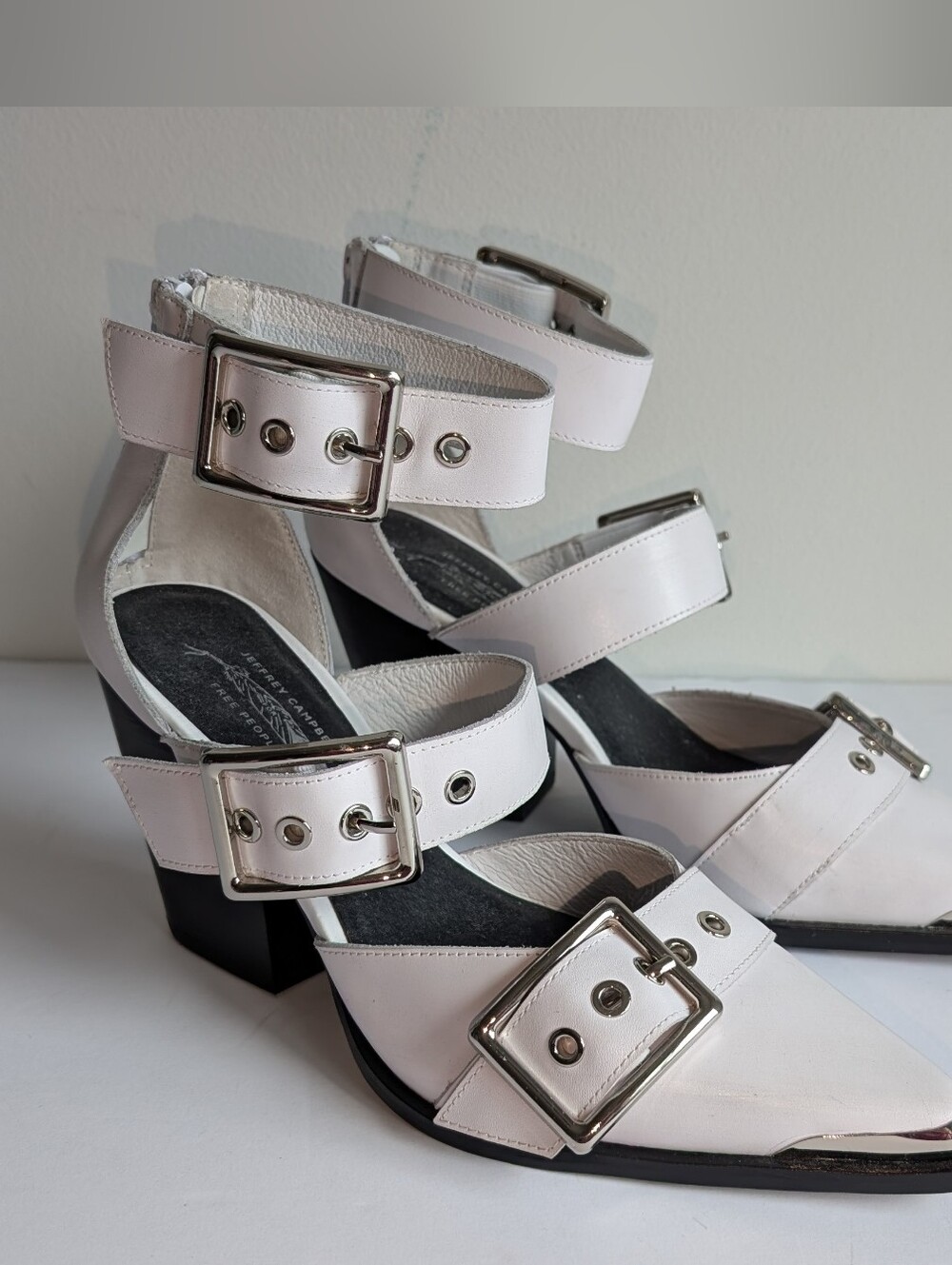Jeffrey Campbell White Triple-Buckle Pointed Block Heel Sandals